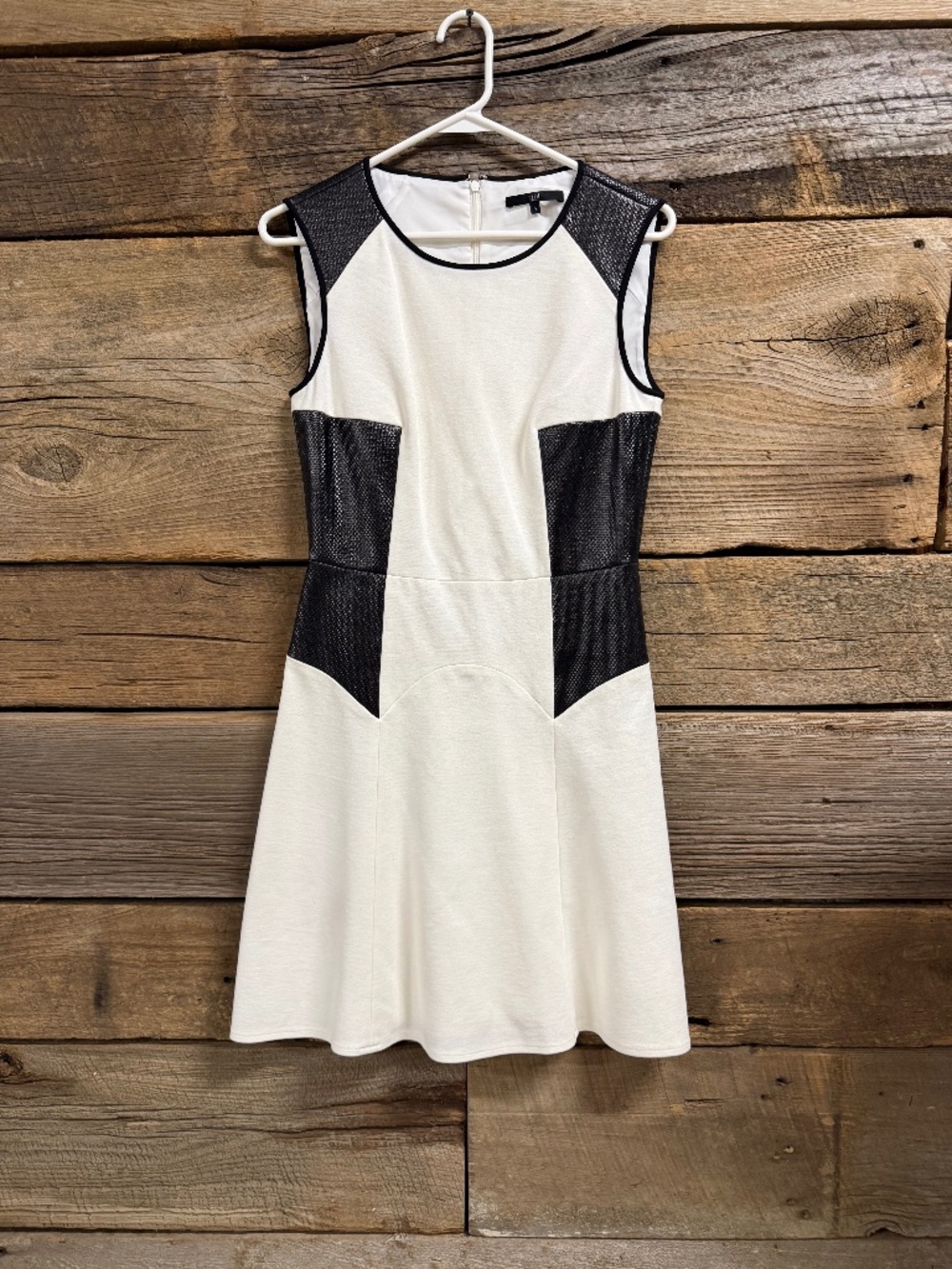 Tibi Fit Flare Sleeveless dress with Faux Leather color block, Cream/black, 4